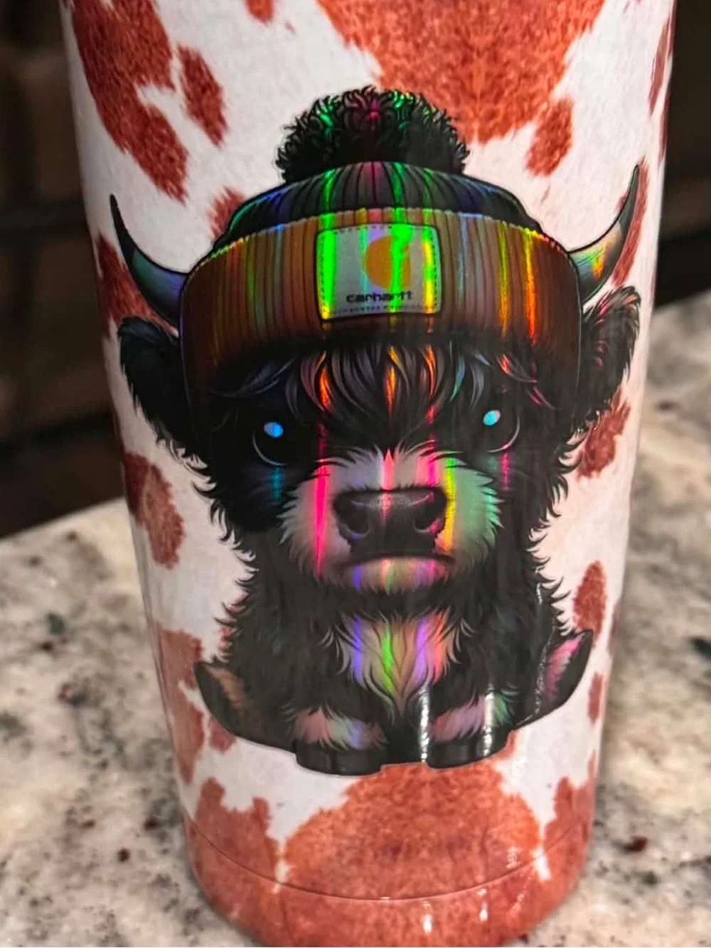 Carhartt cow Hand Crafted Red and White Cowhide Neon Highland Cow Travel Tumbler